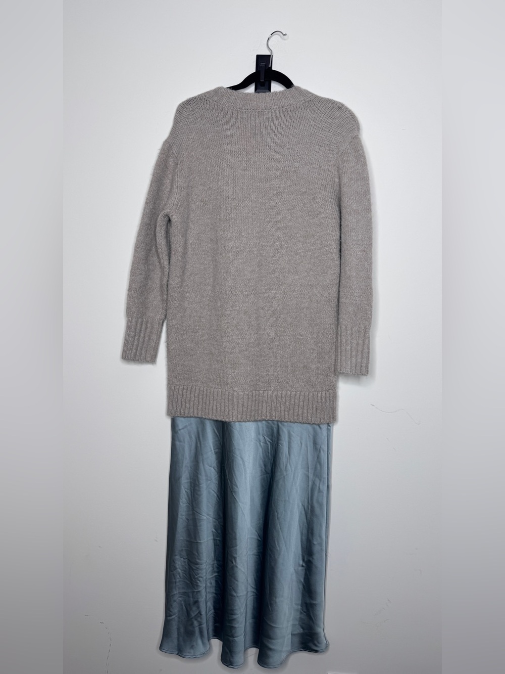 Anthropologie Twofer Light Gray Knit Sweater with Slate Blue Slip Maxi Dress XSP - Picture 4 of 9